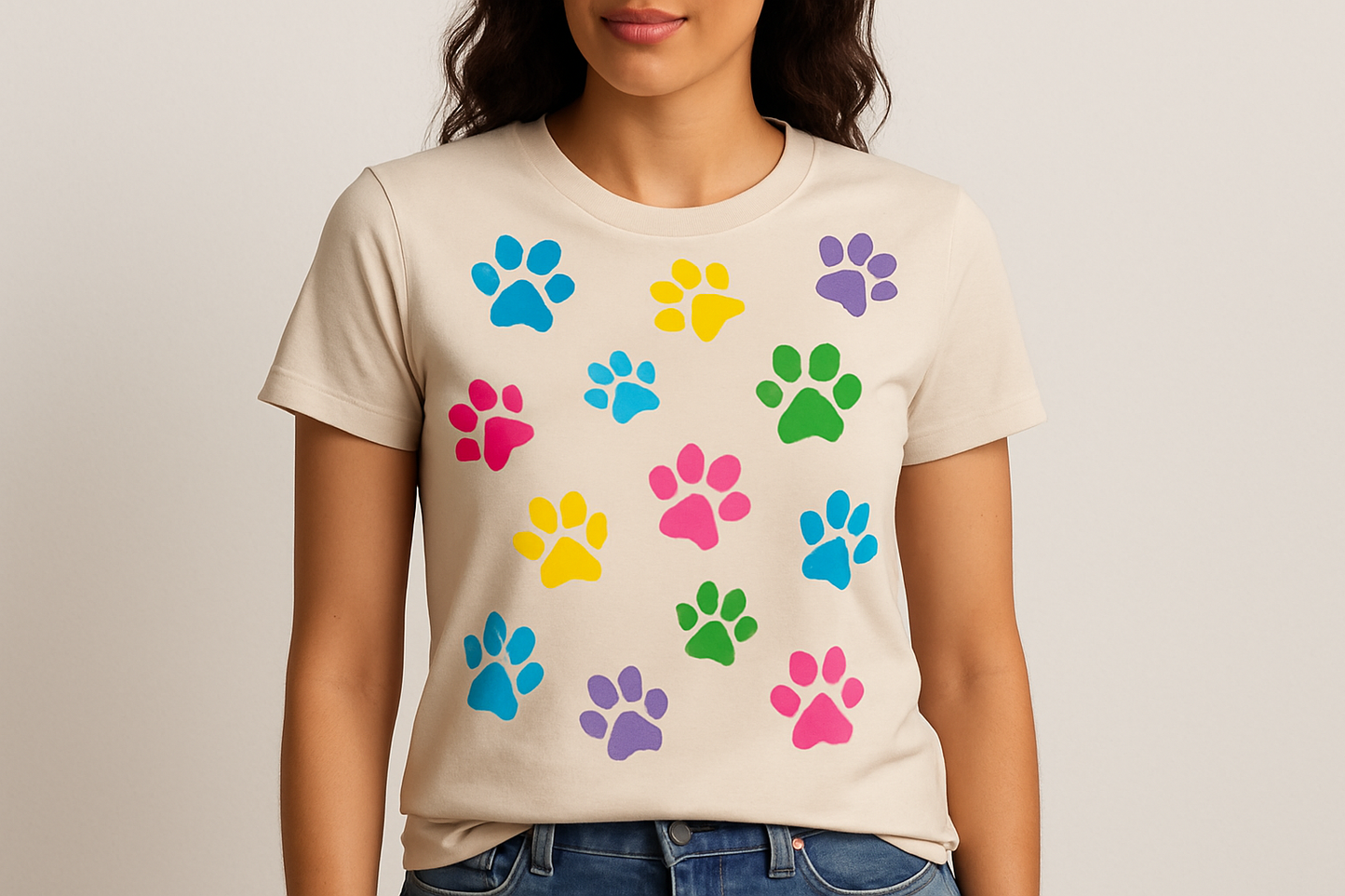 half sleeves round neck beige colour tshirt which colourful pawprints