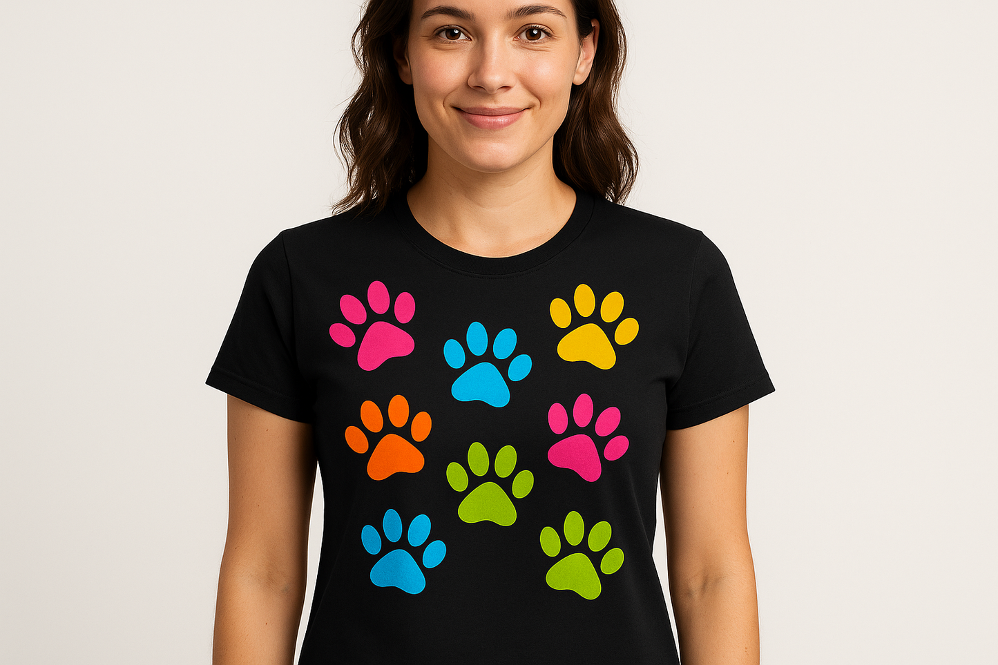 Woman wearing colourful pawprint in black tshirt round neck