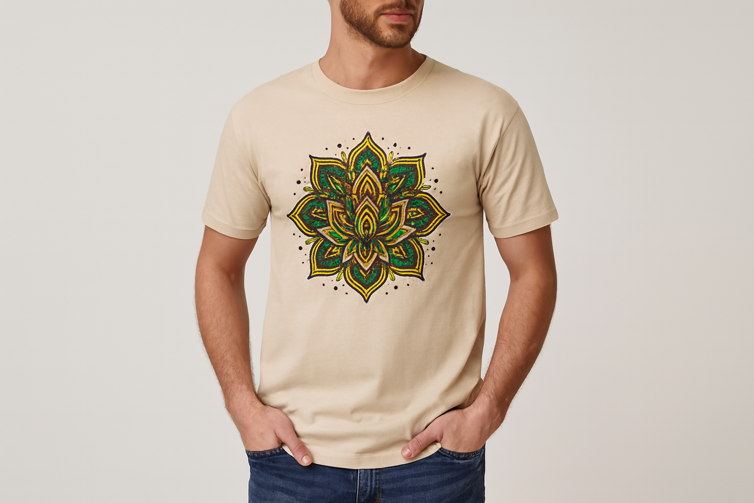 Beige t-shirt mockup with mandala design