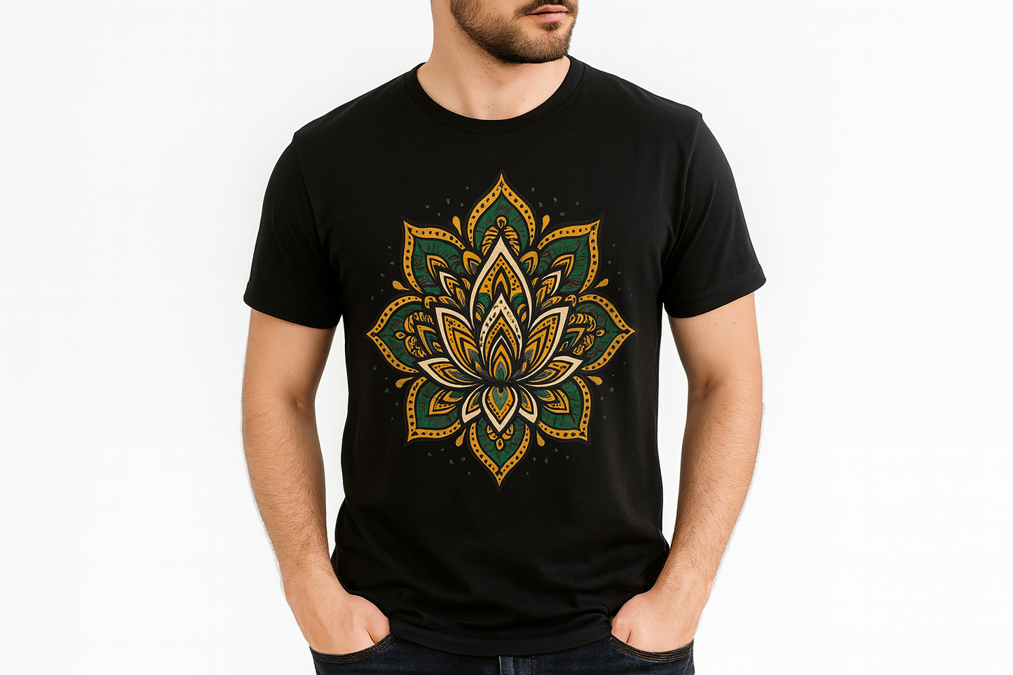 Black t-shirt mockup with mandala design for men