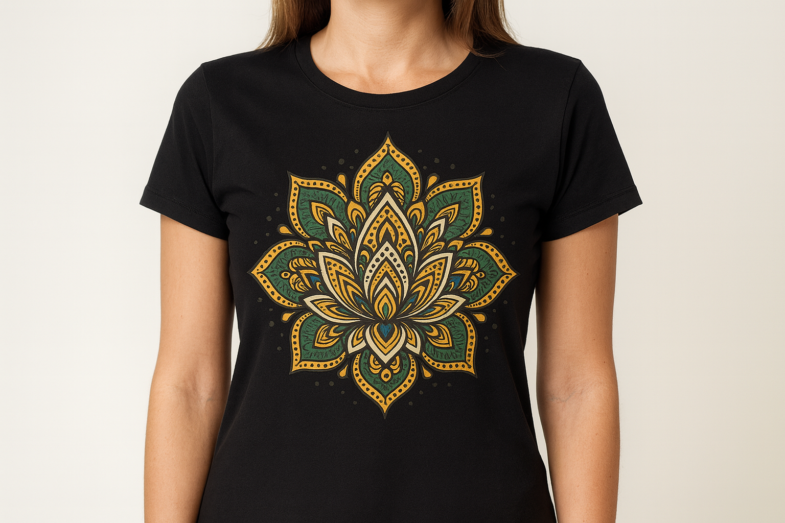 Black t-shirt mockup with mandala design